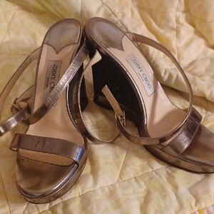 Jimmy Choo Shimmering Bronze Heels Napa Wedge Metallic. Sz 39 8.5 Retail $850